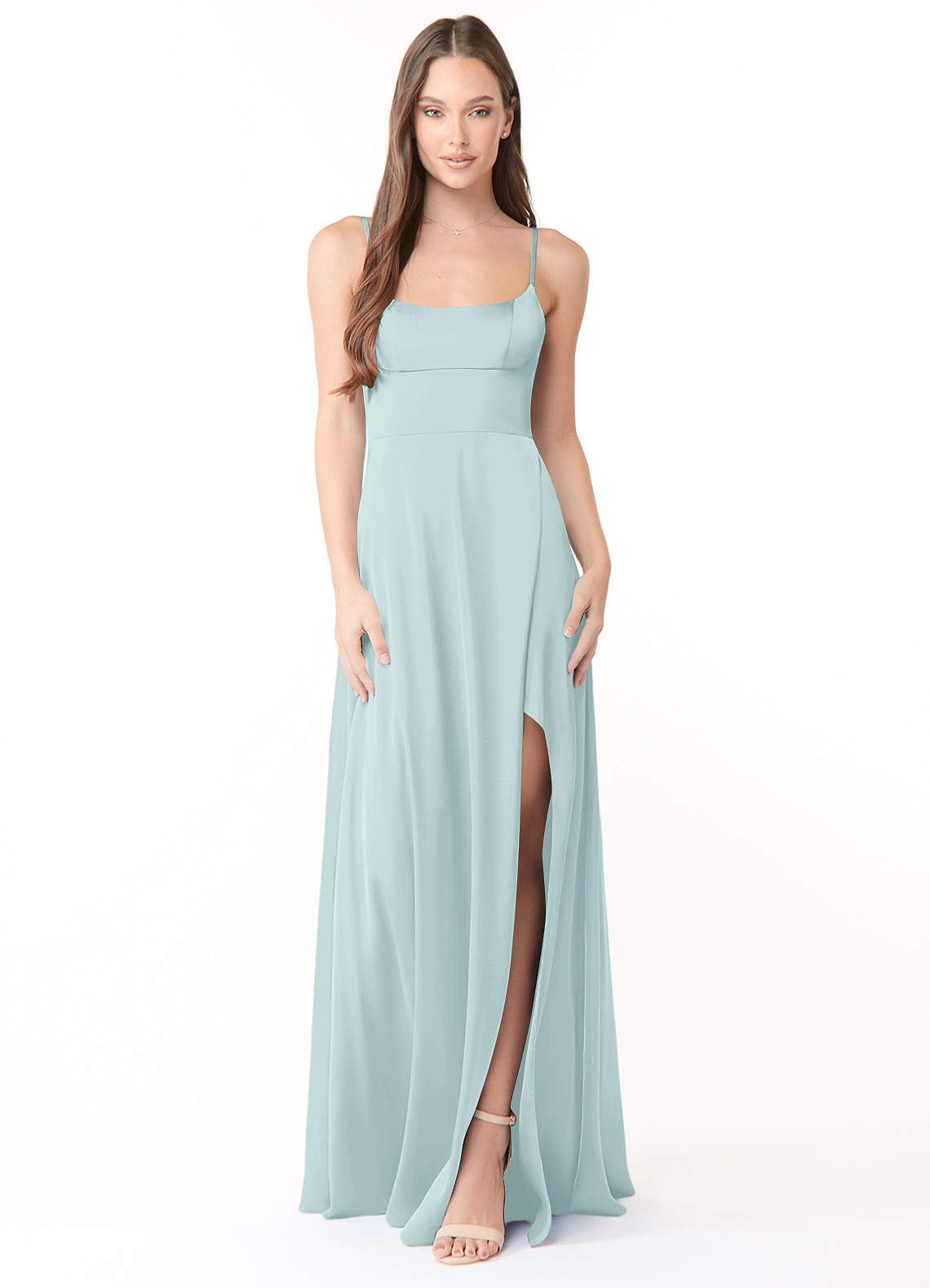 Azazie Halsey Brautjungfernkleider Etui Seitliche Cut-Outs Stretch-Satin Kleid Nebel image1