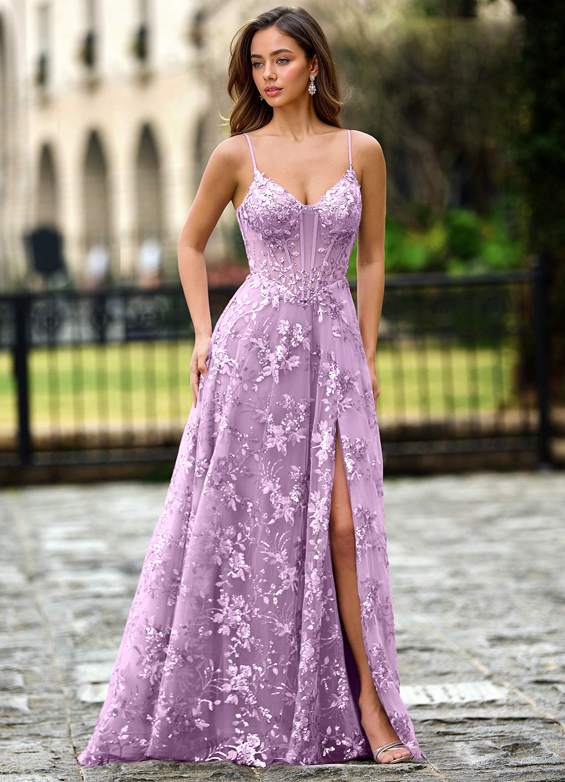 lilac lace prom dress Lilac Lace & Tulle Tassels Short Sleeves Prom Dress