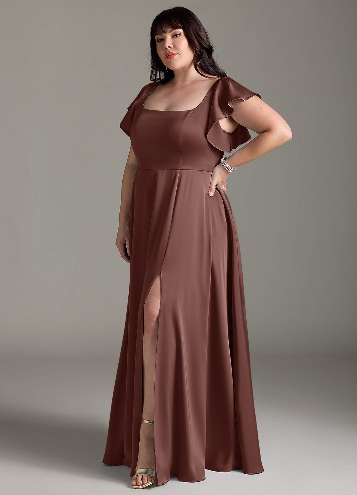 Azazie Bondi Vestidos de madrinha de casamento Vestir Café Expresso de Cetim elástico de Linha A com Arco image8