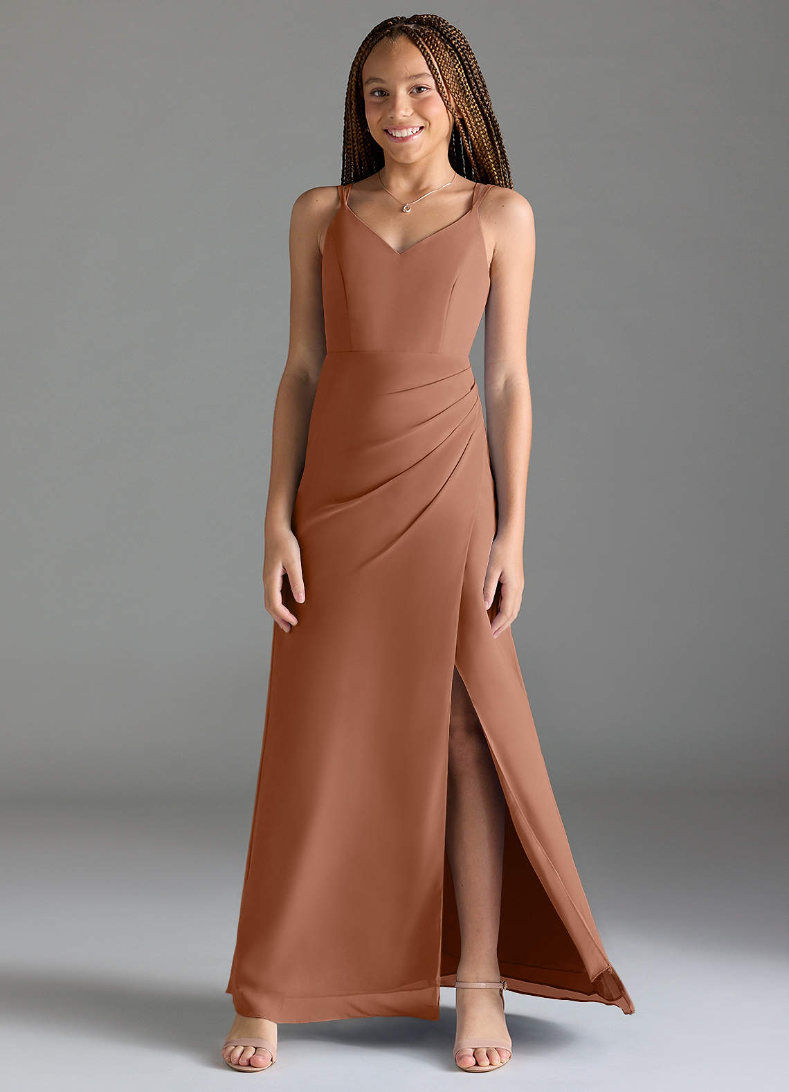 Azazie Leo Junior Abito Sirena in Chiffon Plissettato Bronzo image1