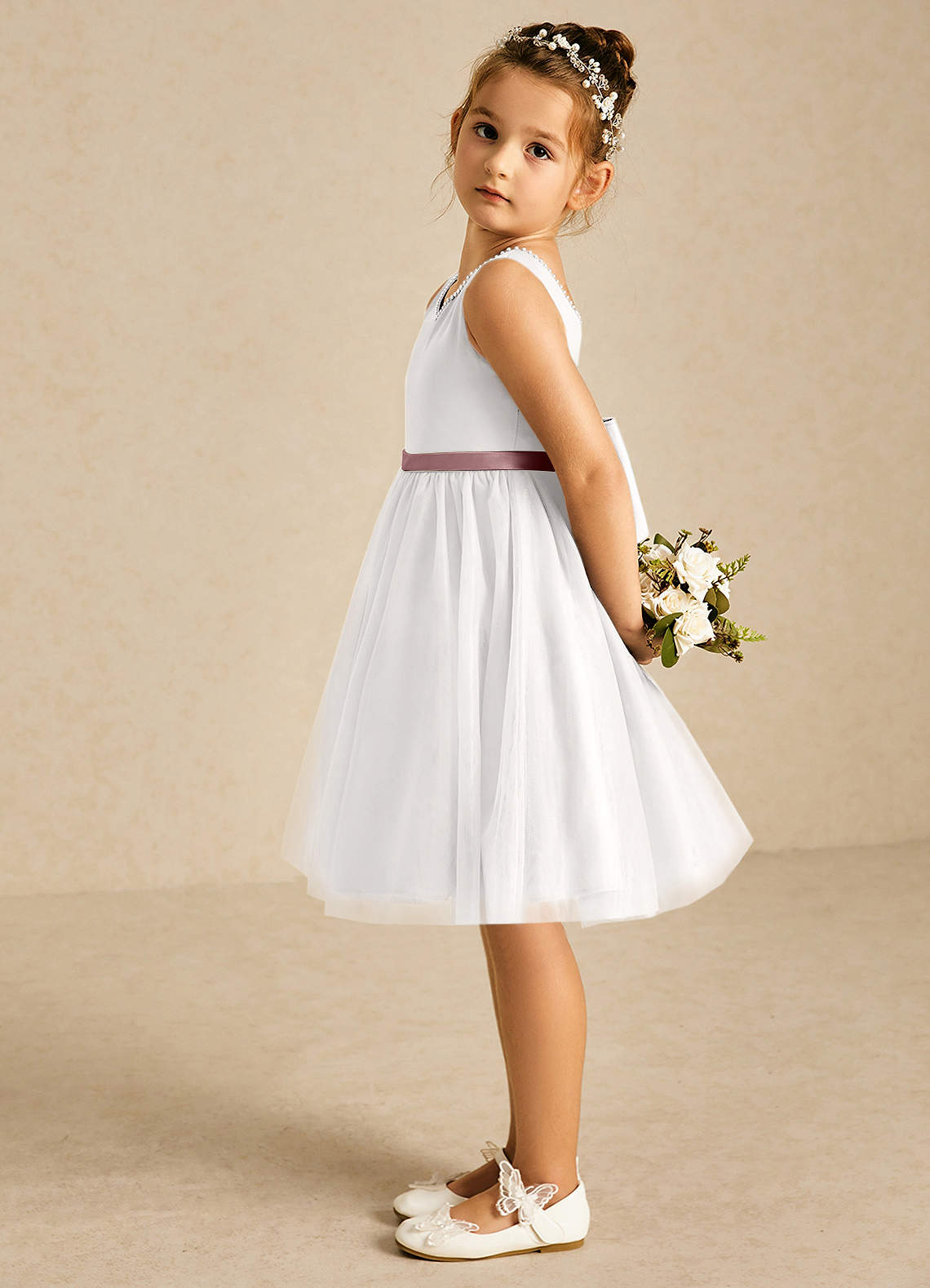 Azazie Seline Flower Girl Dresses Ivory Dusty Rose A-Line Bow Tulle Dress image3