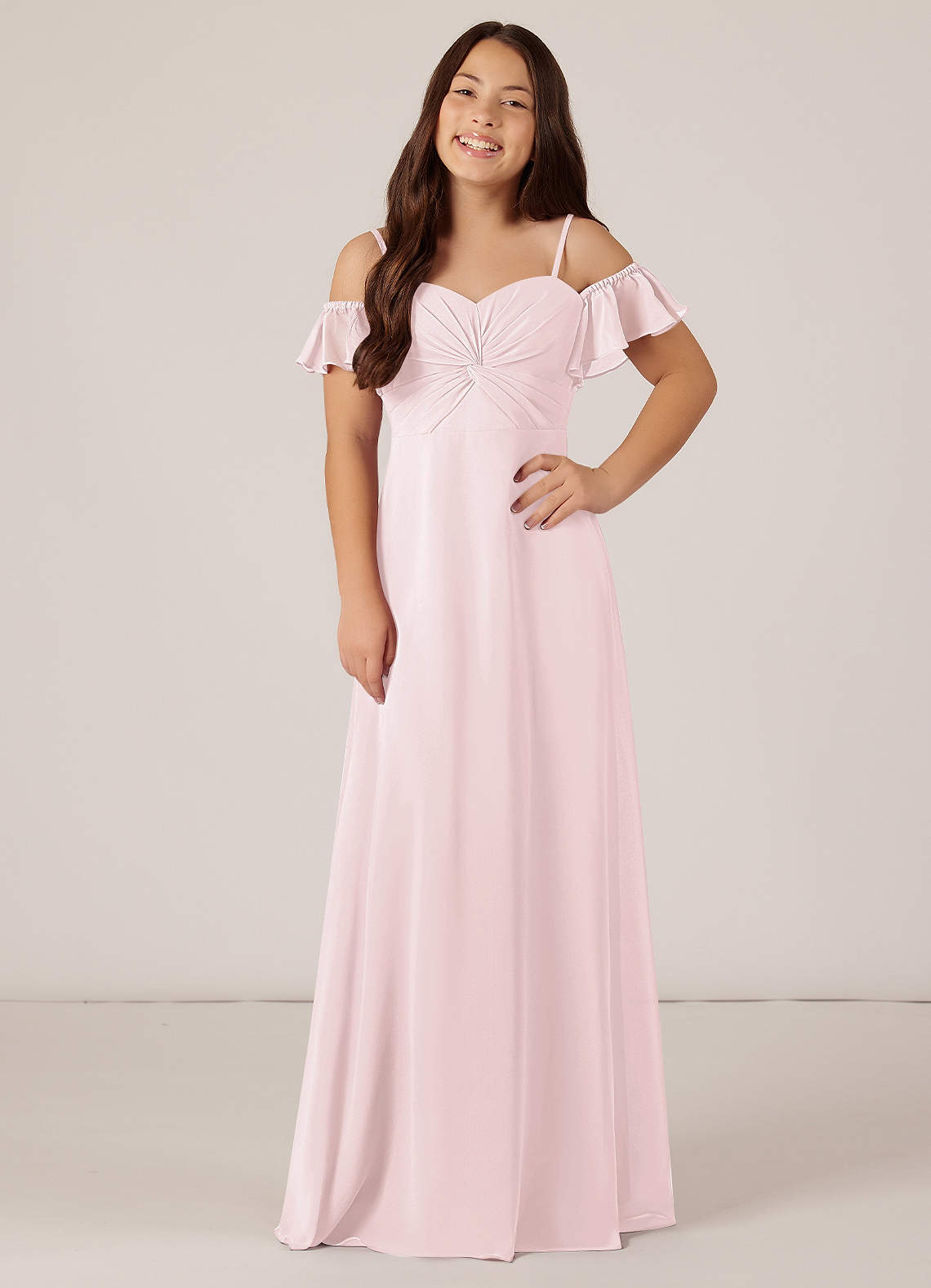 Azazie Juna Junior Robe Trapèze en Mousseline de soie Épaule décolletée Rose Pâle image1
