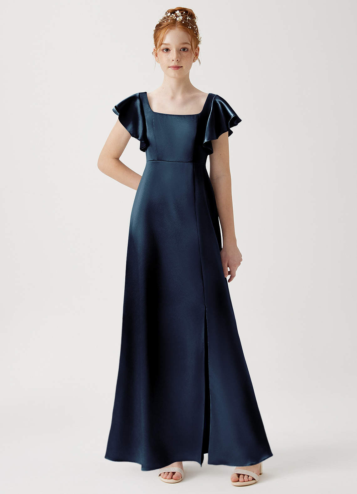 Azazie Bondi Junior A-Linie Seitliche Cut-Outs Metallischer Satin Kleid Dunkelmarine image1