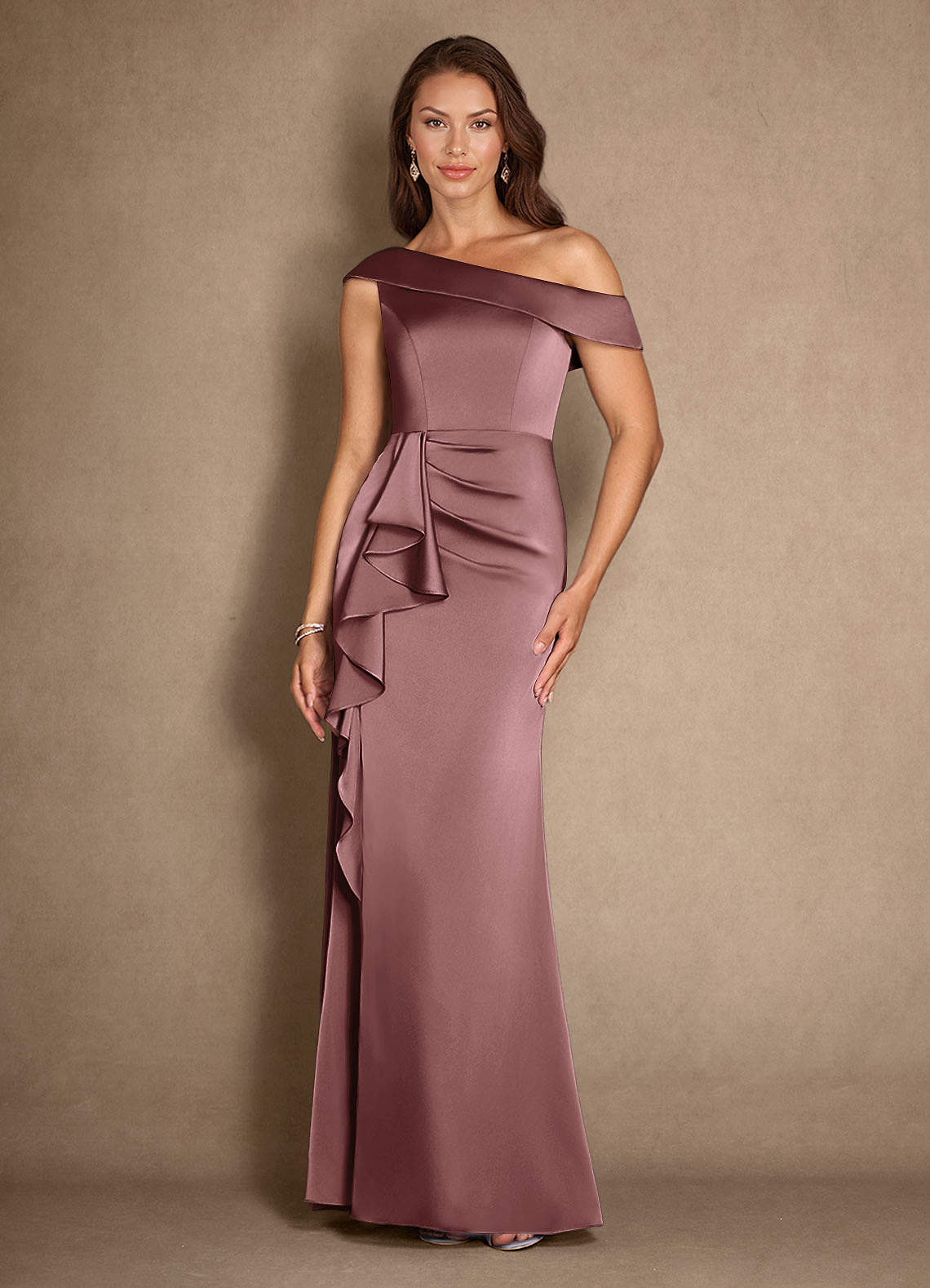 Azazie Hamptons Mother of the Bride Dresses Vintage Mauve A-Line Pleated Stretch Satin Dress image1