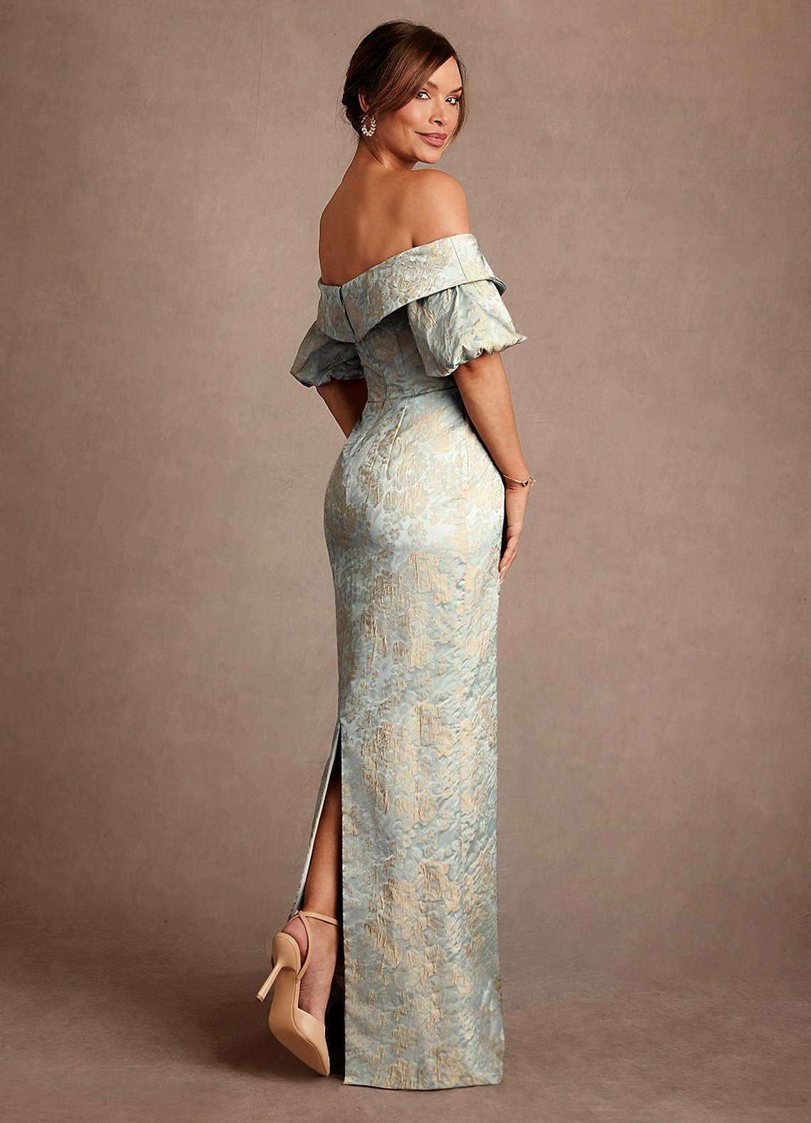 Azazie Golda Mother of the Bride Dresses Vintage Blue Sheath Off the Shoulder Jacquard Dress image1