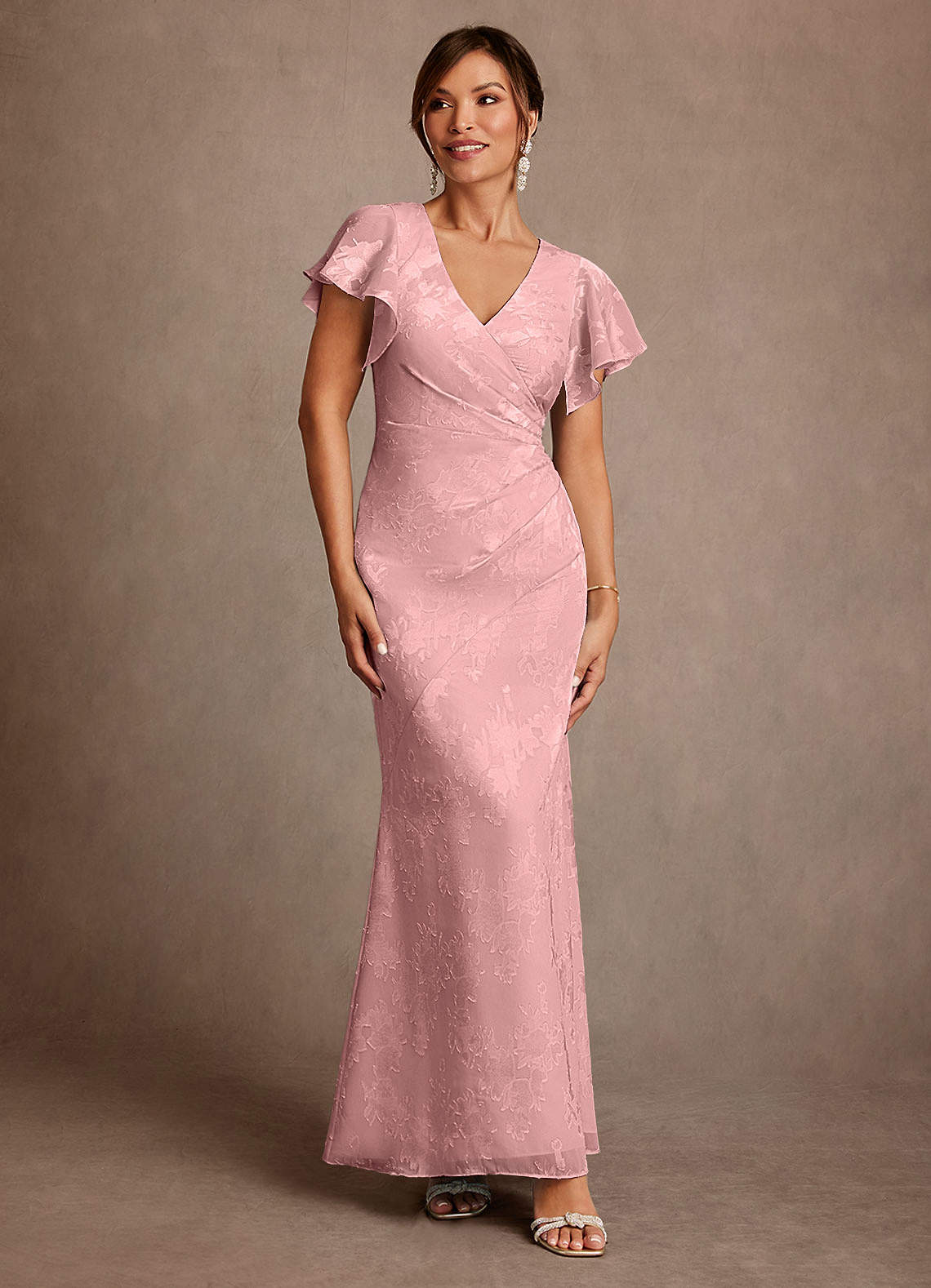 Azazie Dorina Dusty Rose Sheath Pleated Floral Jacquard Dress