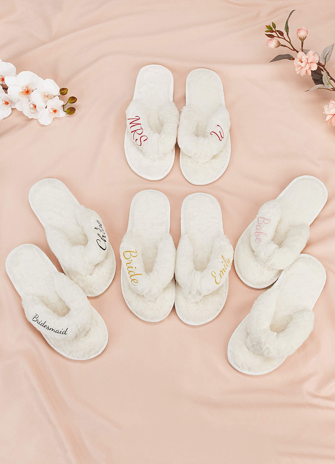 front Personalized Bride Bridesmaid Fluffy Slippers