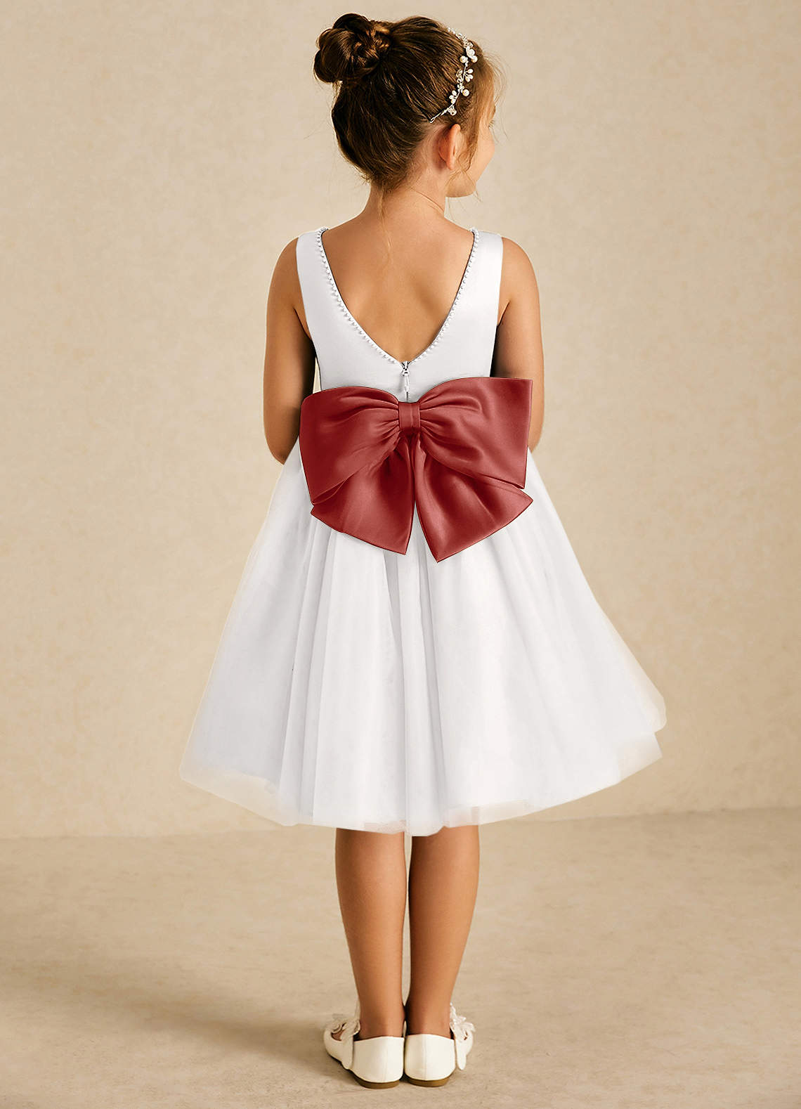 Azazie Seline Flower Girl Dresses Ivory Terracotta A-Line Bow Tulle Dress image1