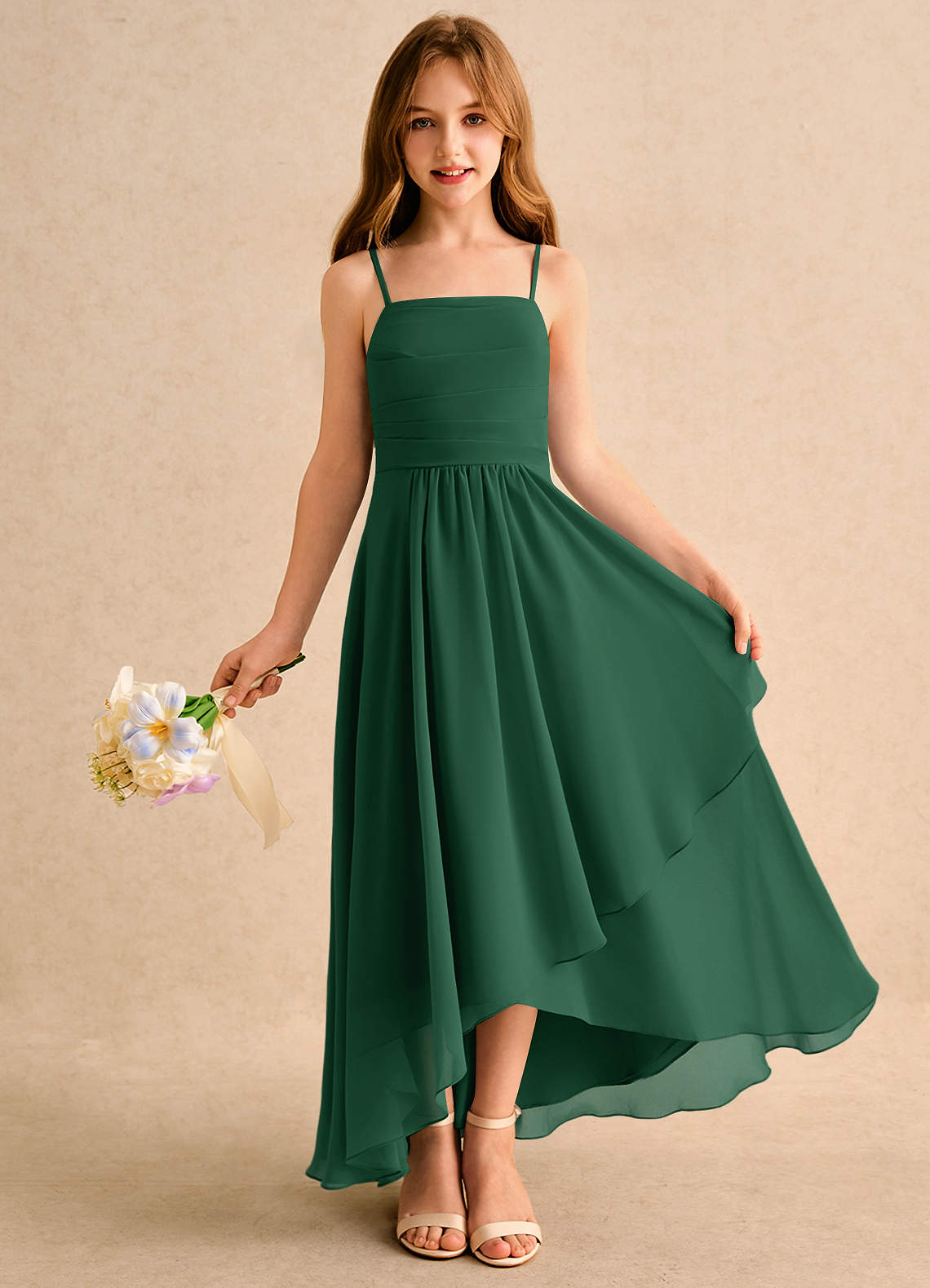 dark green girls dress High Low Junior Bridesmaid Dress | Bow Straps Flower Girls Dress