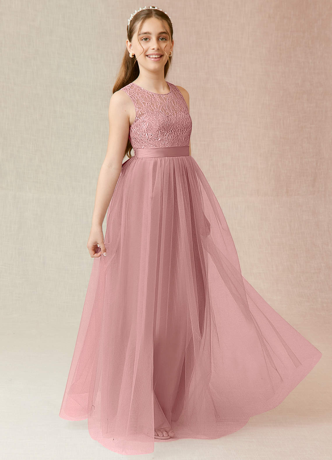 Azazie Georgette Junior A-Linie Spitze Tüll Kleid Altrosa image3