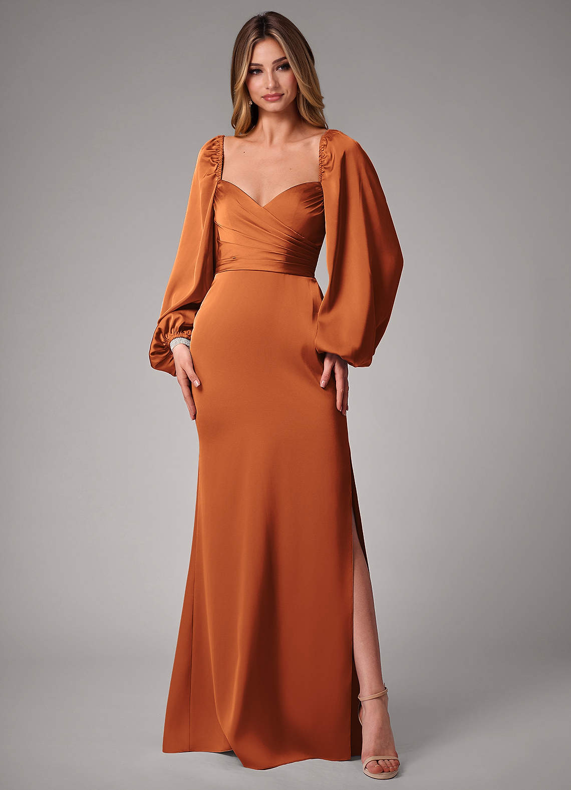 Azazie Sonata Ready to Ship Cinnamon Stretch Satin Bridesmaid Dresses |  Azazie