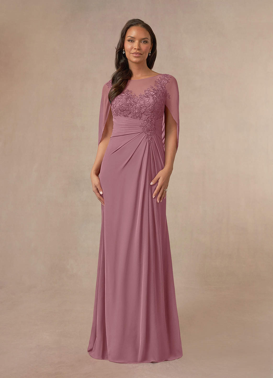 Azazie Hera Mother of the Bride Dresses Vintage Mauve A-Line Lace Capelet Chiffon Dress image1