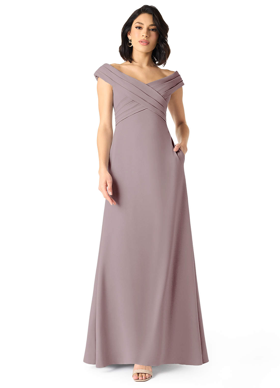 Azazie Evita Bridesmaid Dresses Vintage Mauve A-Line Off the Shoulder Stretch Crepe Dress image1