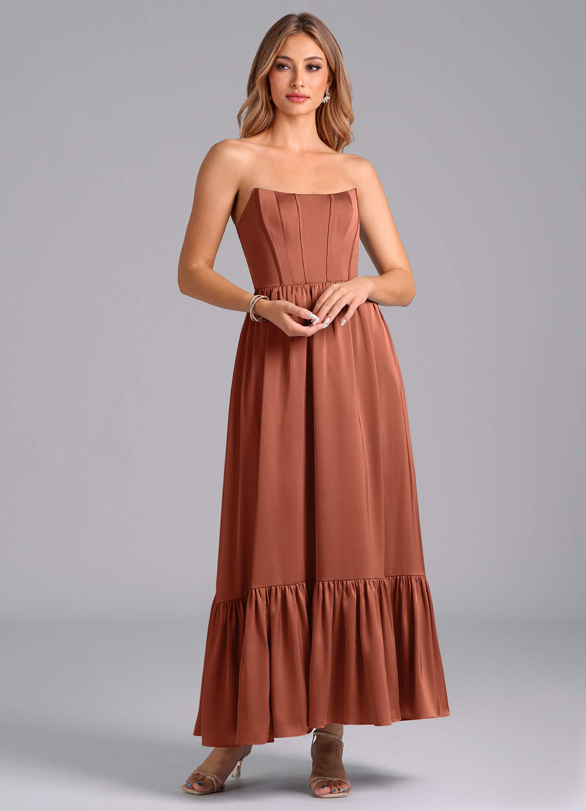 Azazie Leilana Bridesmaid Dresses Clay A-Line Corset Stretch Satin Dress image1