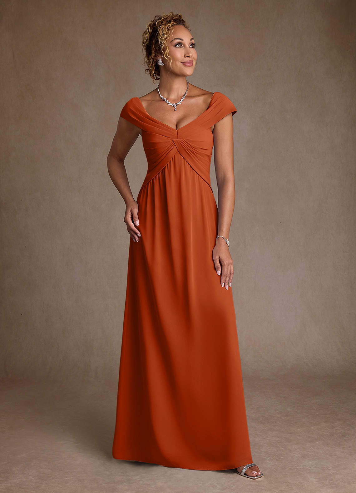 Azazie Myrtle vestidos de madre de la novia Vestido de Naranja Quemada de Gasa de Corte en A con Plisado image1