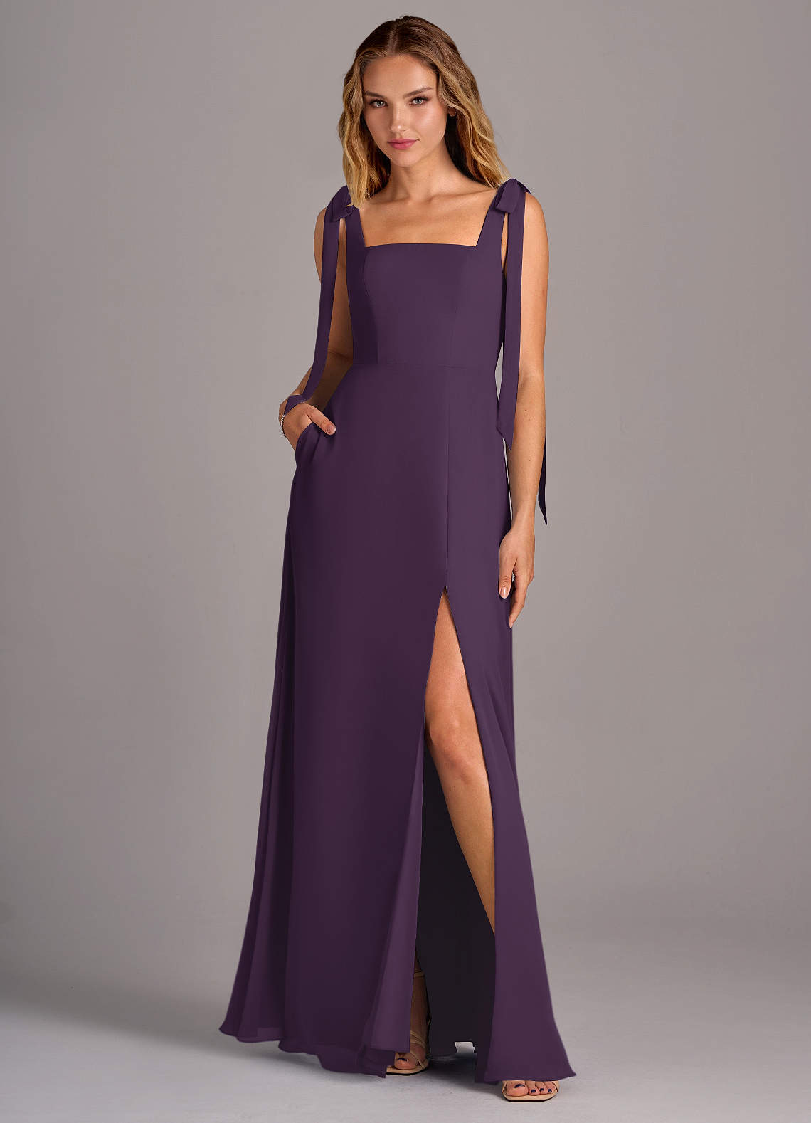 Azazie Debra Bridesmaid Dresses Plum A-Line with Pockets Chiffon Convertible Dress image1