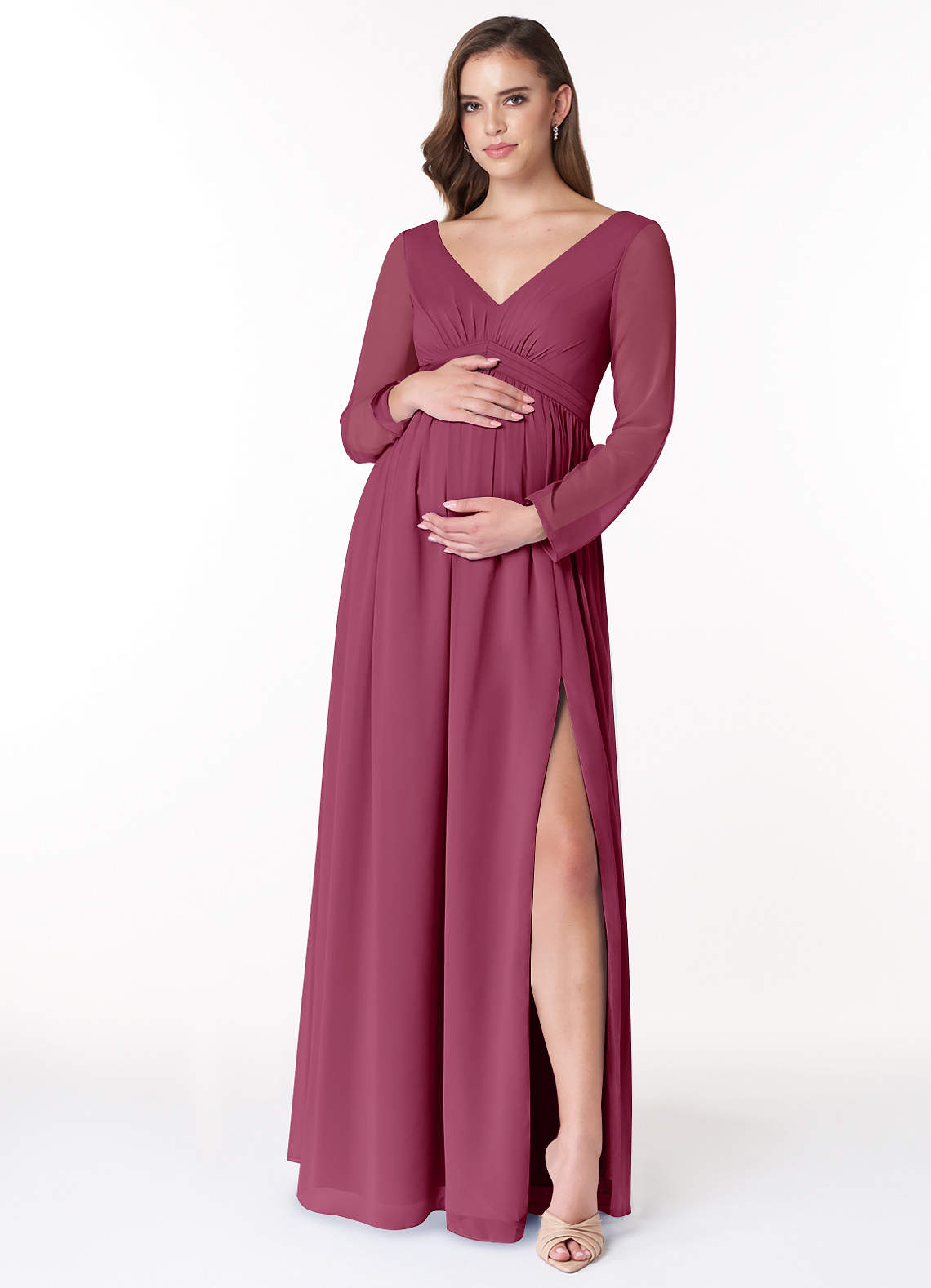 Azazie Teton vestidos de dama de honor de maternidad Vestido de Corte En A Manga larga Hasta el suelo Gasa image1