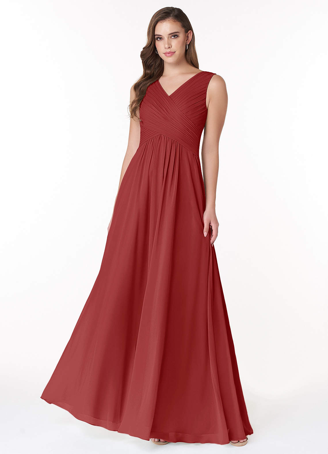 Azazie Flora Bridesmaid Dresses Rust A-Line Pleated Chiffon Dress image1