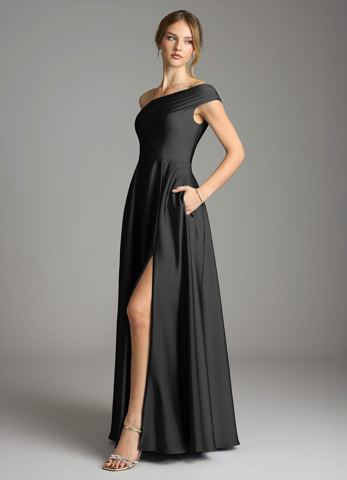 Azazie Melanie Bridesmaid Dresses Black A-Line Off the Shoulder Stretch Satin Dress image3
