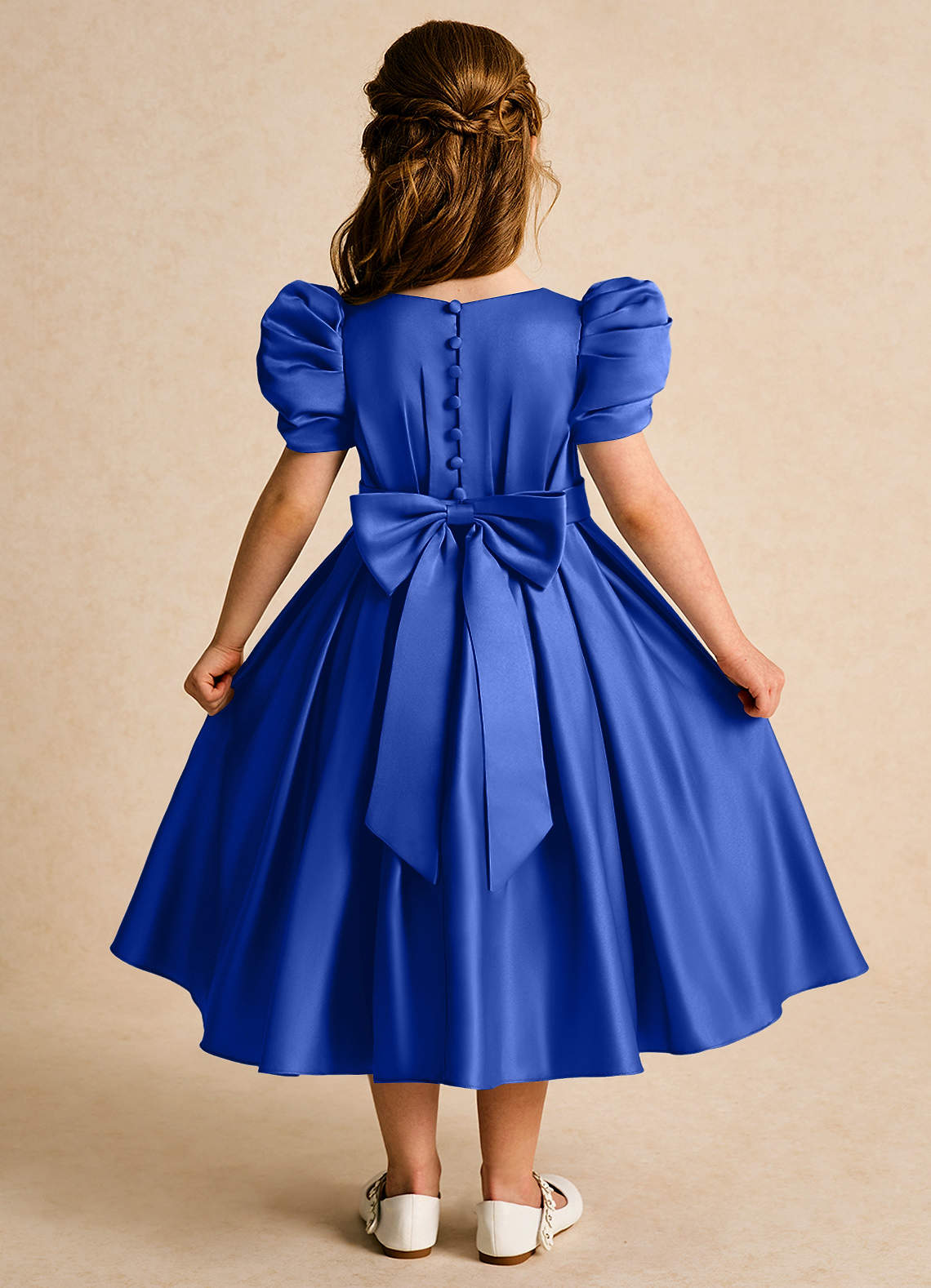 Azazie Miriam Abiti da Ragazza di Fiori Abito Principessa in Raso Opaco Plissettato Blu Reale image1