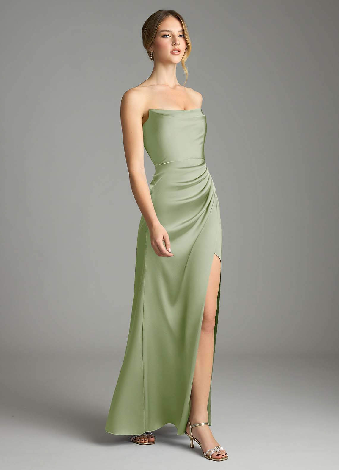 Azazie Leonis Vestidos de madrinha de casamento Vestido Dusty Sage de Cetim elástico de sereia com Plissado image5