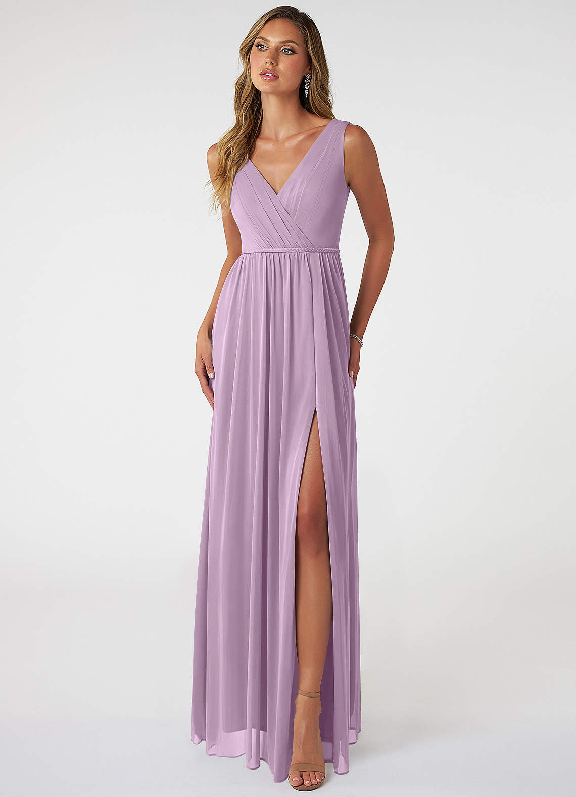 Azazie Tanicia Brautjungfernkleider A-Linie V-Hals Gefaltet Gittergewebe Kleid Blauregen image1