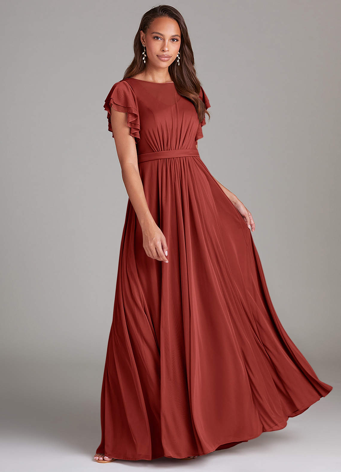Azazie Daphne Robes de demoiselle d'honneur modestes Robe Trapèze Rayé Longueur ras du sol Maille image1