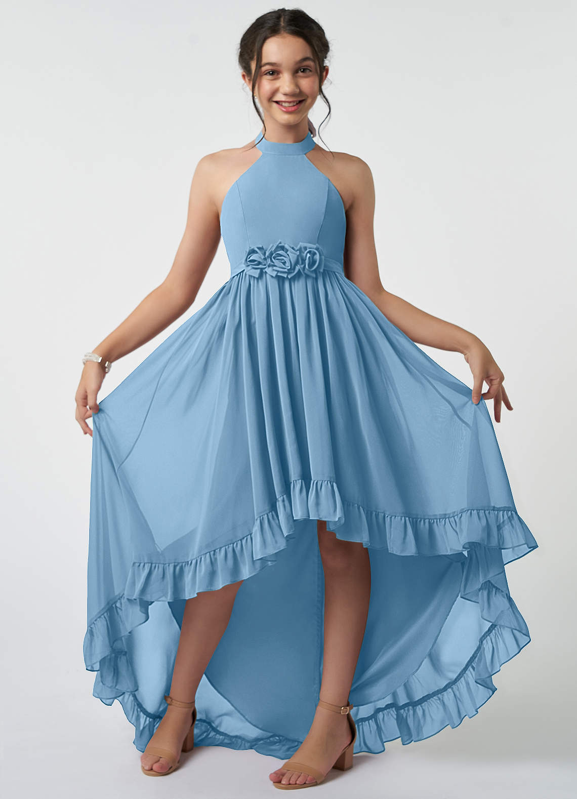 Azazie A-Line/Princess Halter Neck Asymmetrical Chiffon Junior Bridesmaid Dresses - Steel Blue Azazie A-Line/Princess Halter Neck Asymmetrical Chiffon Junior Bridesmaid Dresses - Steel Blue
