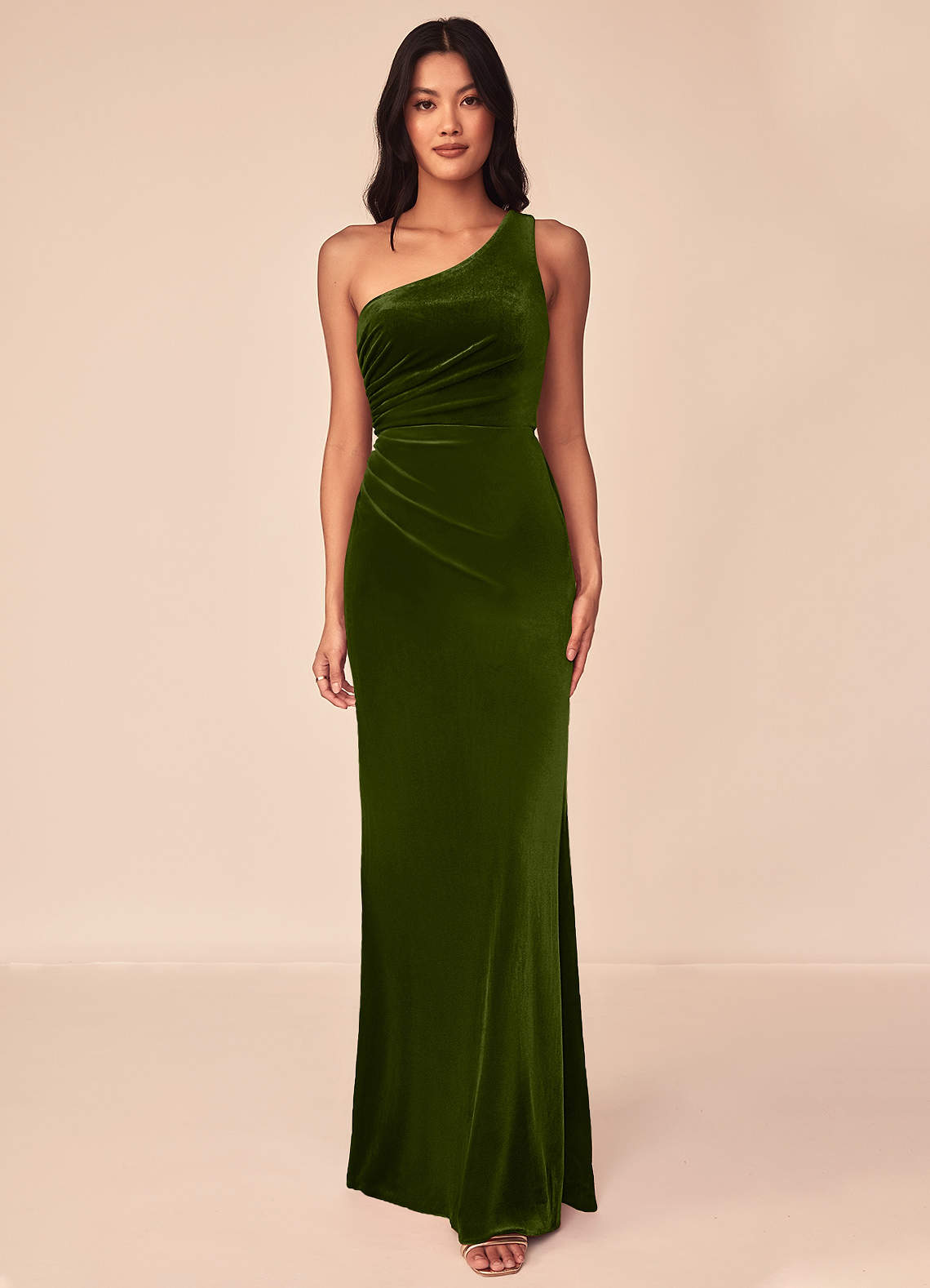 Azazie Argan Bridesmaid Dresses Olive A-Line One Shoulder Pleated Velvet Dress image1