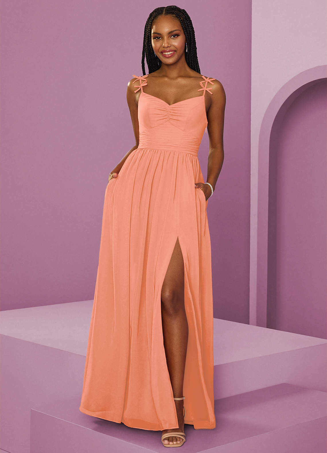 Barbie ♥ Azazie Jurken voor bruidsmeisjes Jurk van Chiffon met A-Lijn Geplooid Zonsondergang image1