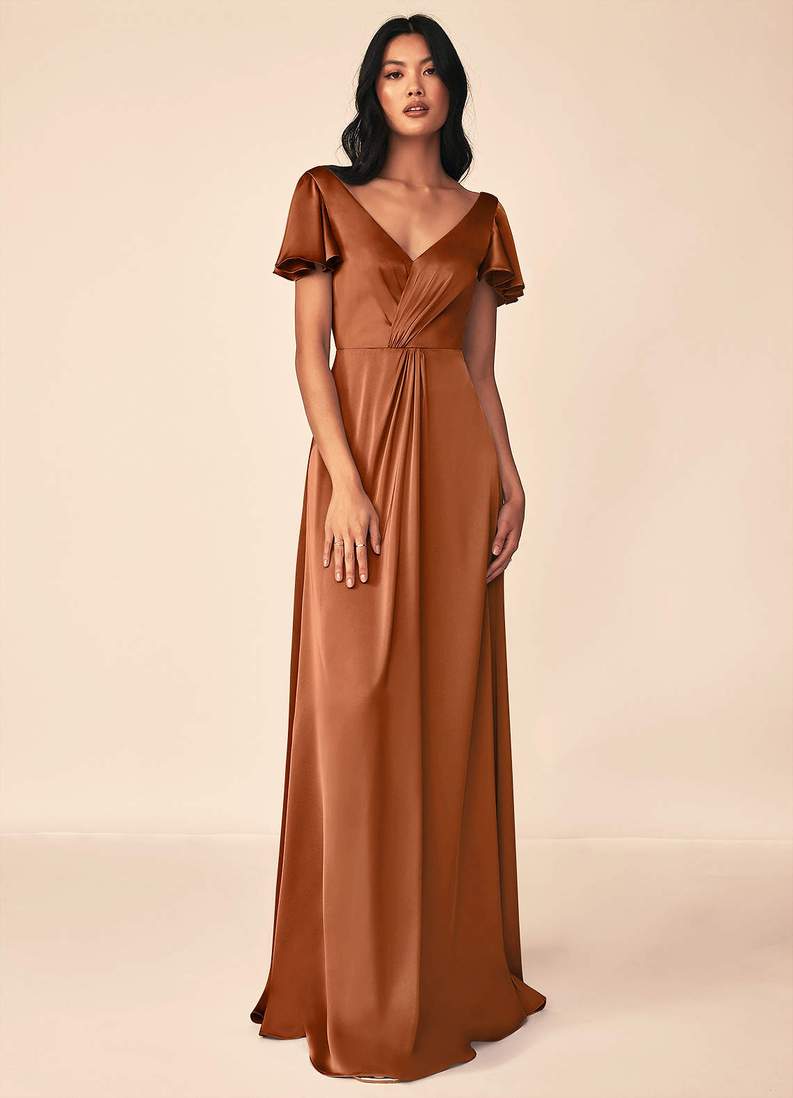 Azazie Soren Bridesmaid Dresses Copper A-Line Pleated Stretch Satin Dress image1