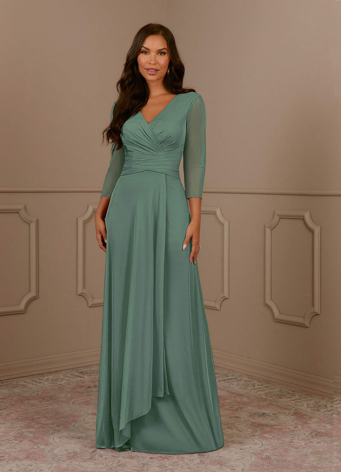 Azazie Annetta Mother of the Bride Dresses Eucalyptus A-Line V-Neck Pleated Mesh Dress image1