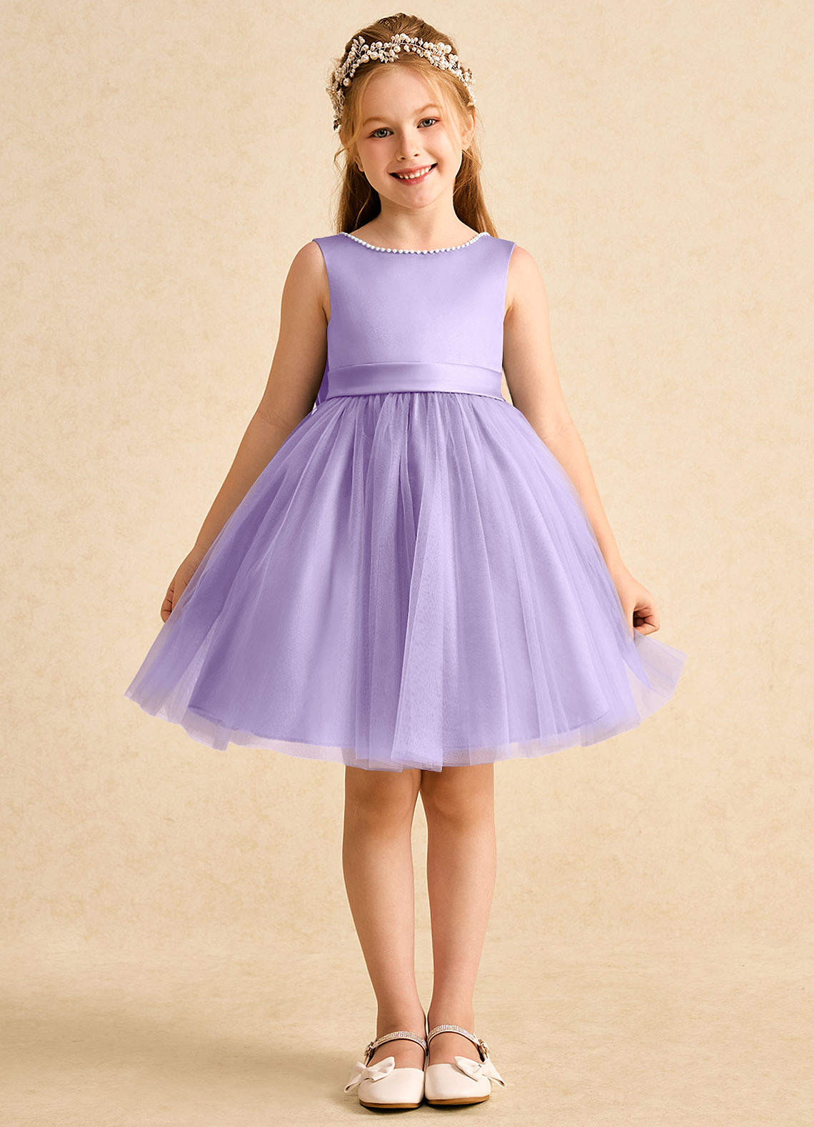 Azazie Jani vestidos de niña de las flores Vestido de Lila de Tul de Corte En A con Lazo image3