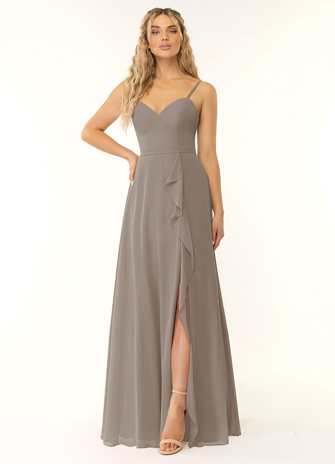 Azazie Naeem Bridesmaid Dresses Taupe A-Line V-Neck Ruffle Chiffon Dress image1