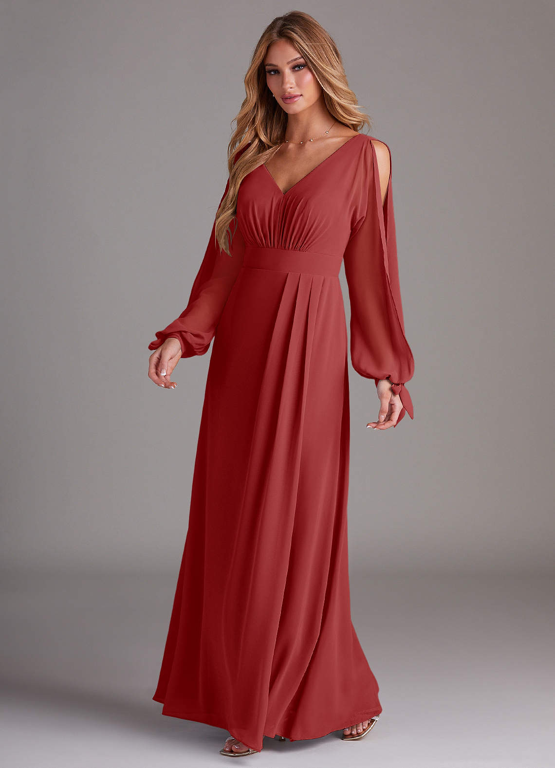 Azazie Matilda Bridesmaid Dresses Rust A-Line Long Sleeve Chiffon Dress image1