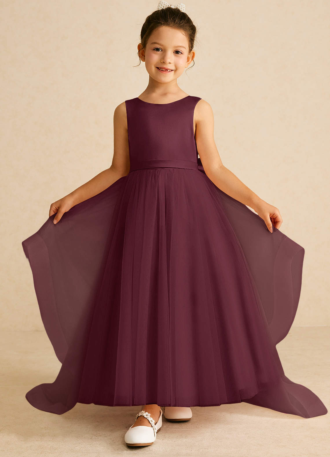 Azazie Pumpkin Flower Girl Dresses Cabernet A-Line Bow Tulle Dress image1