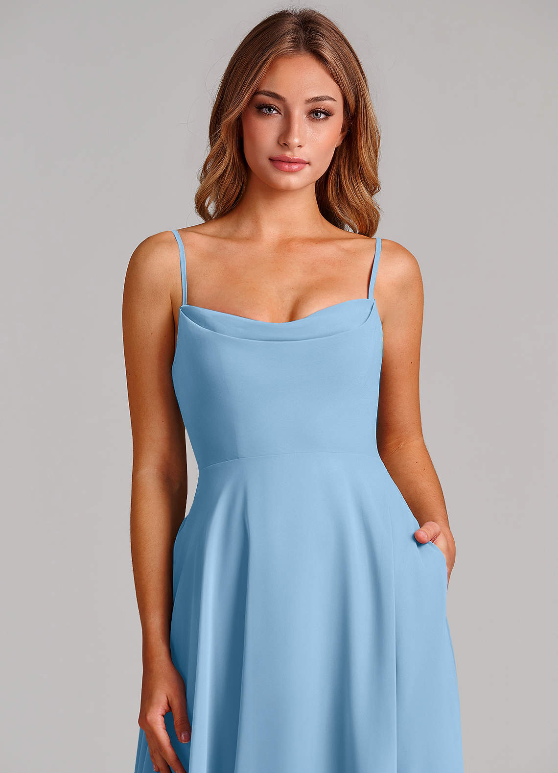 Azazie A-Line Cowl Neck Floor-Length Chiffon Bridesmaid Dresses - Steel Blue