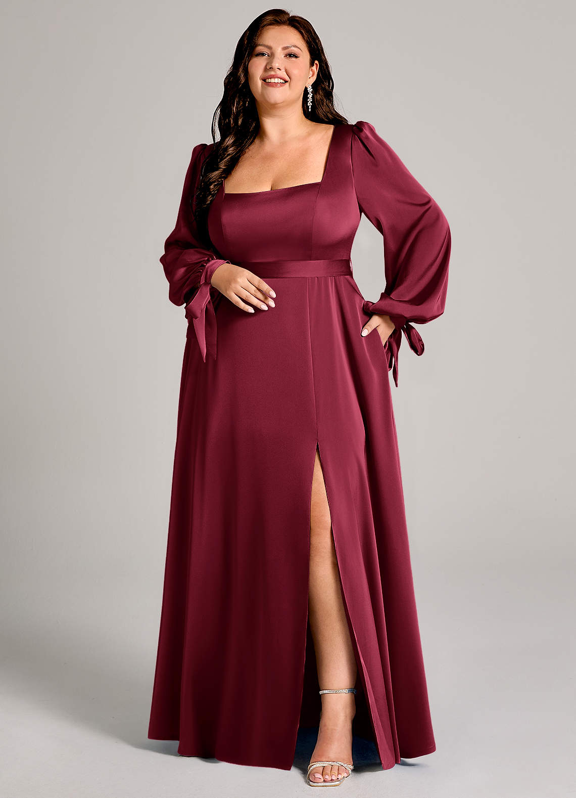 Azazie Leonia Bridesmaid Dresses Burgundy A-Line Long Sleeve Stretch Satin Dress image1
