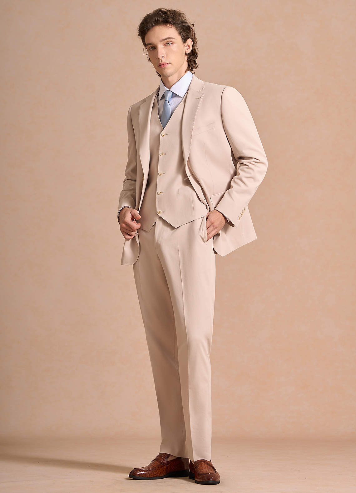 front Carter Tan Cotton Linen Blend 3-Piece Suit