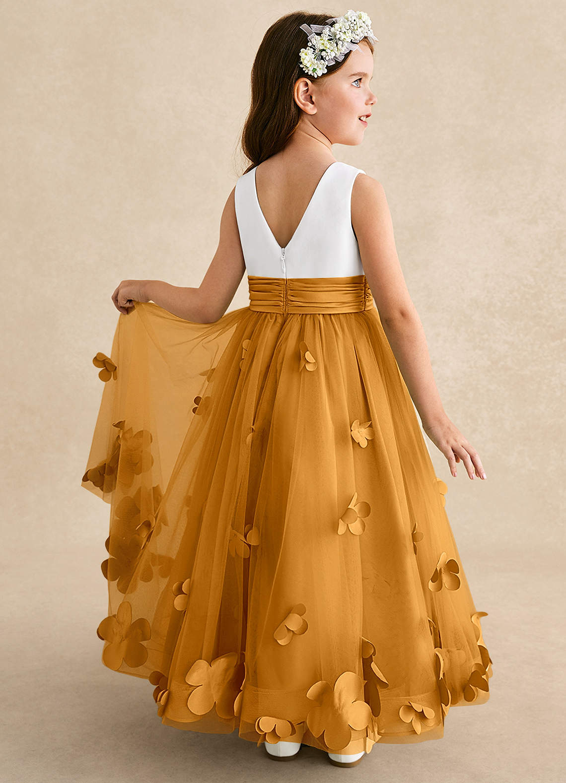 Azazie Vi Flower Girl Dresses Butterscotch A-Line Sleeveless Tulle Dress image1