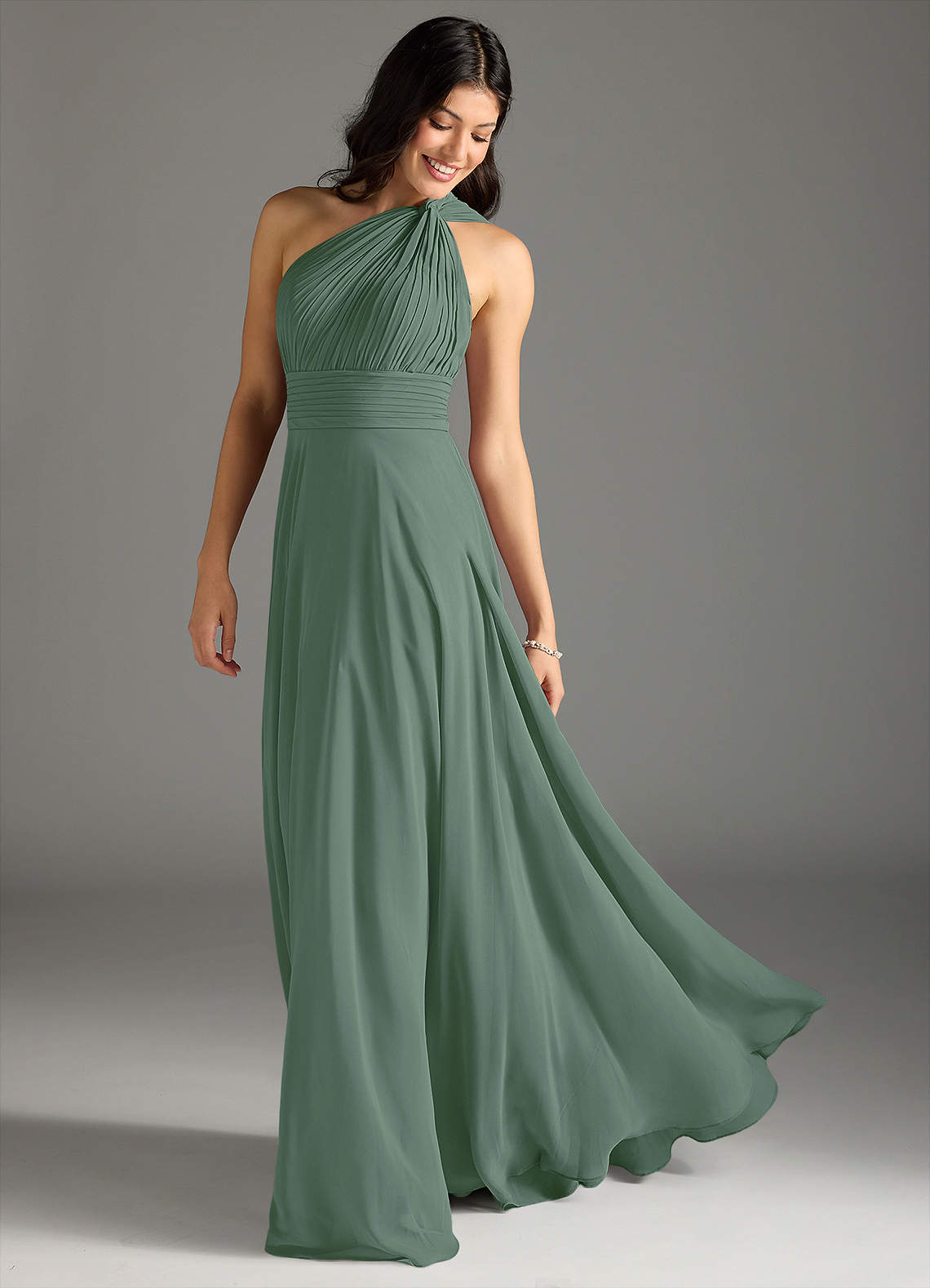 Azazie Charlize Bridesmaid Dresses Eucalyptus A-Line One Shoulder Chiffon Dress image1