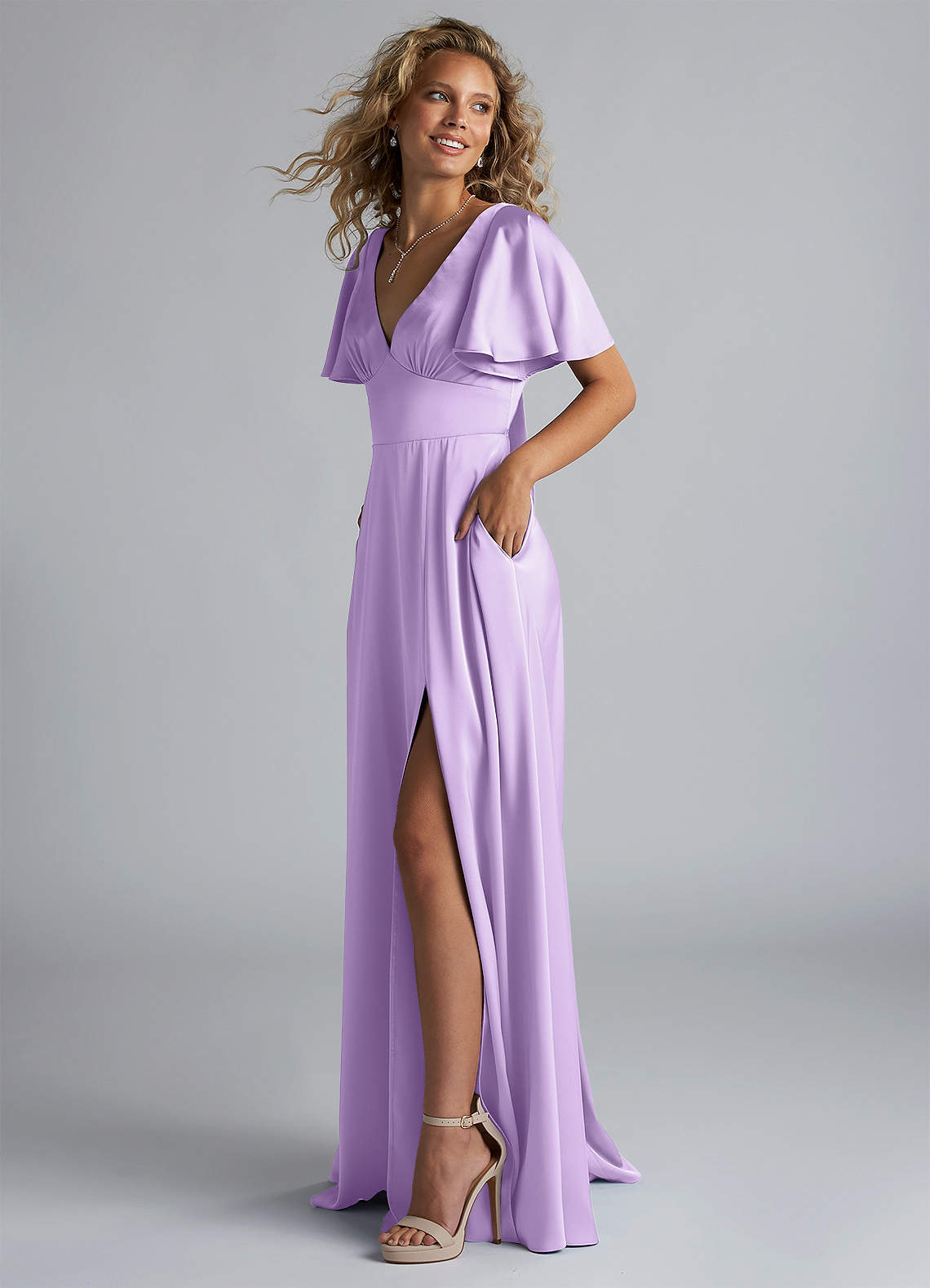 Azazie Kimber Bridesmaid Dresses Lilac A-Line Ruched Stretch Satin Dress image5