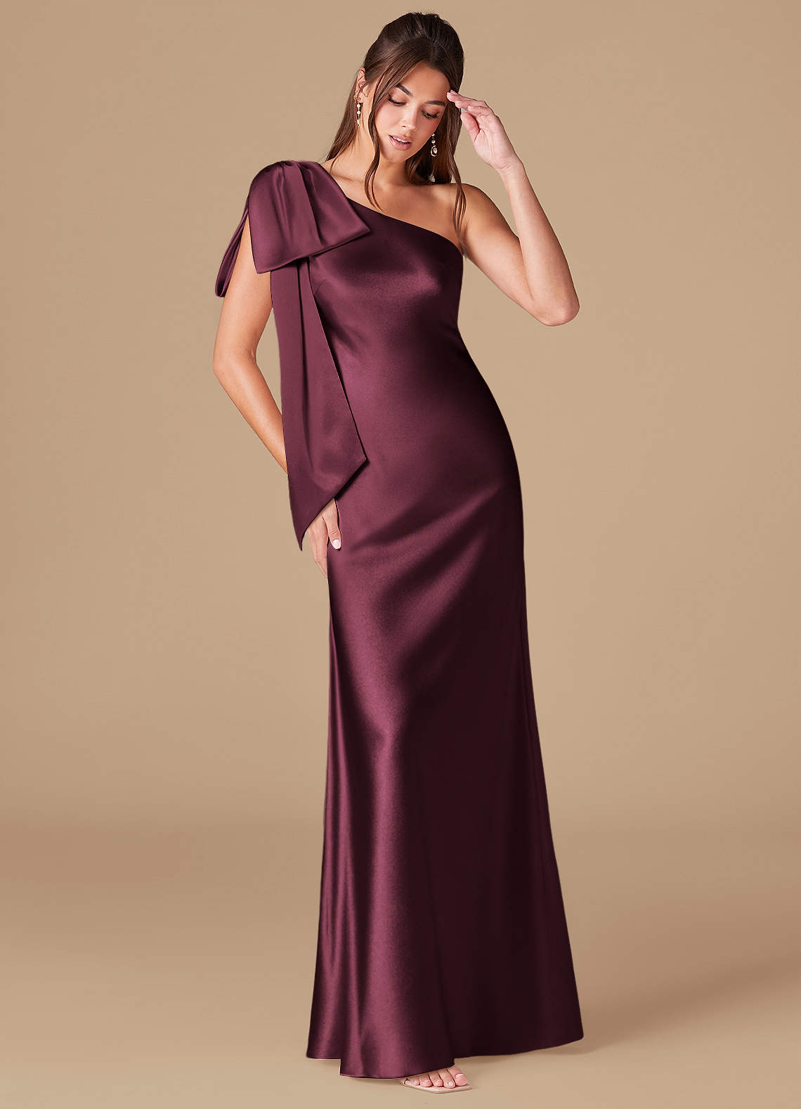 Azazie Capri Bridesmaid Dresses Cabernet Sheath One Shoulder Metallic Satin Dress image1