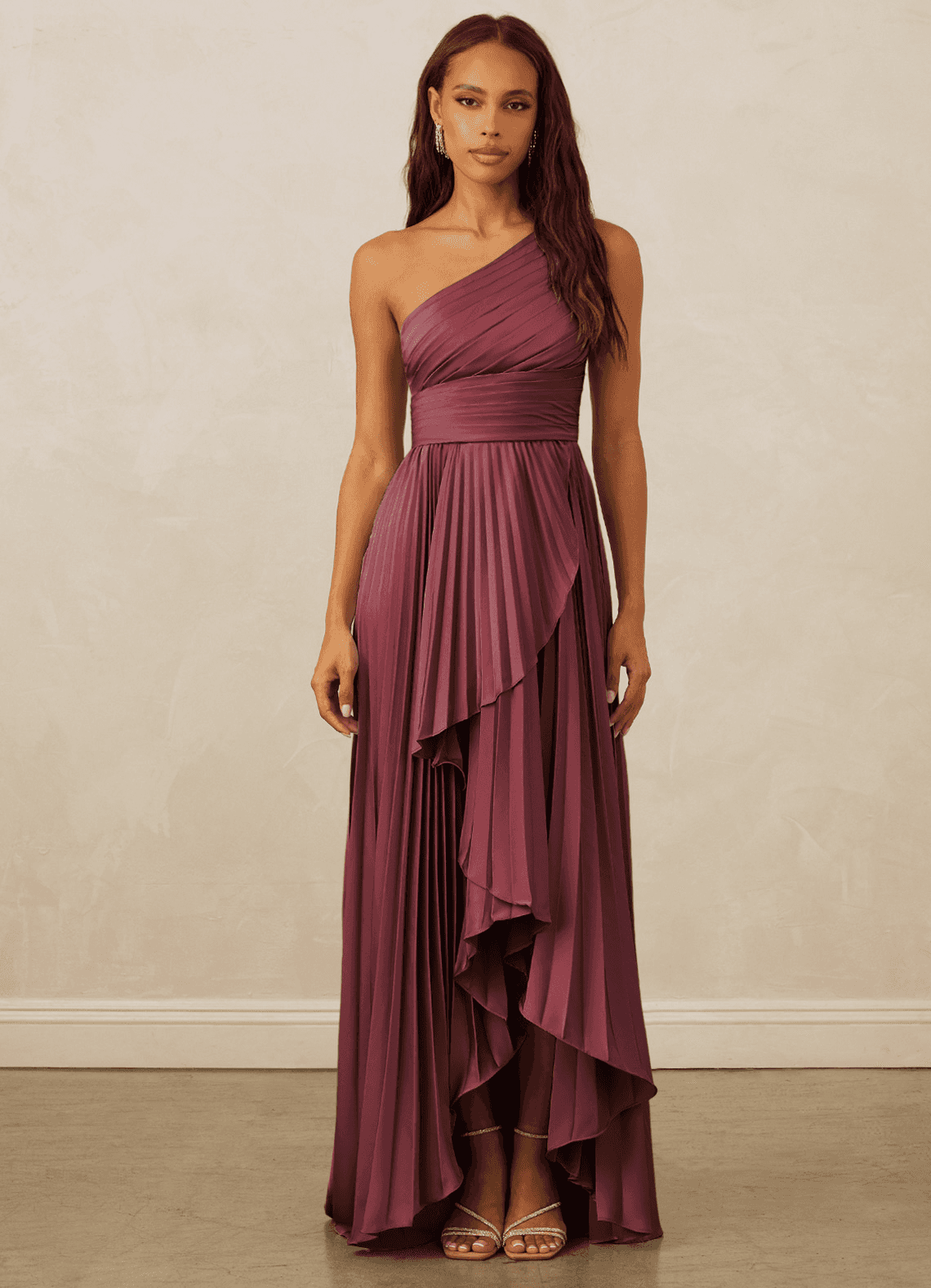 Christian Siriano Bridal for Azazie 1008 Bridesmaid Dresses Merlot A-Line One Shoulder Stretch Satin Dress image1