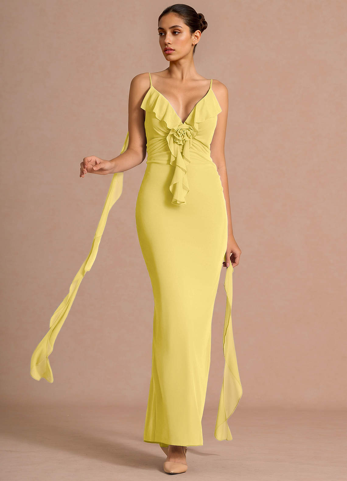pastel yellow maxi dress formal Pastel Yellow Ruffle Tiered A-Line Long Party Prom Dress Yellow / 6