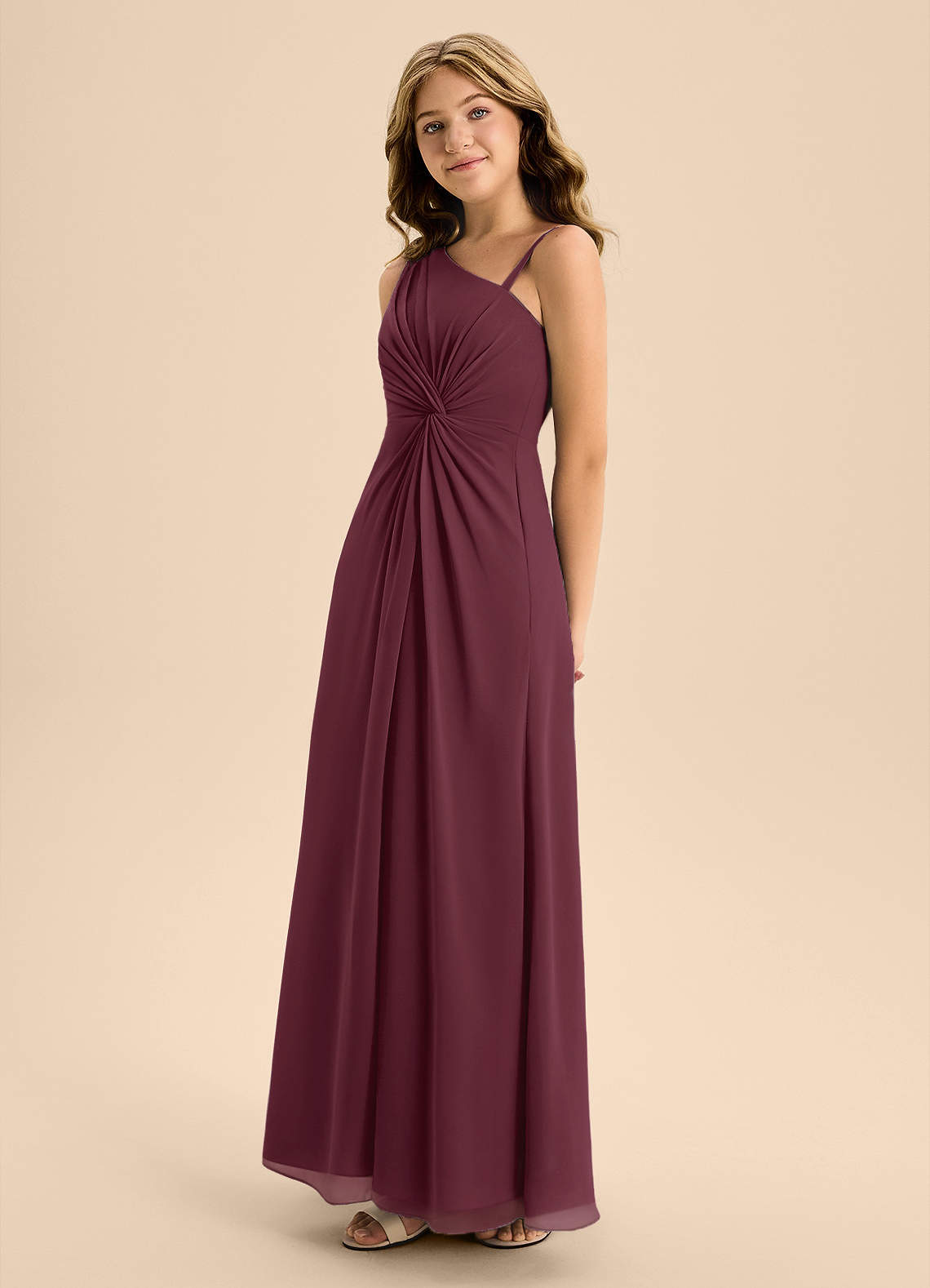 Azazie Brooke Junior Abito A-Line in Chiffon Spacco Laterale Cabernet image5