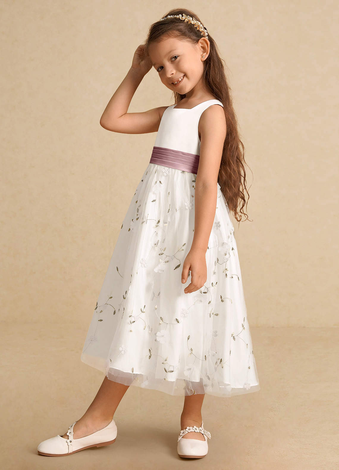 Azazie Pollie Flower Girl Dresses Ivory Dusty Rose A-Line Bow Tulle Dress image7