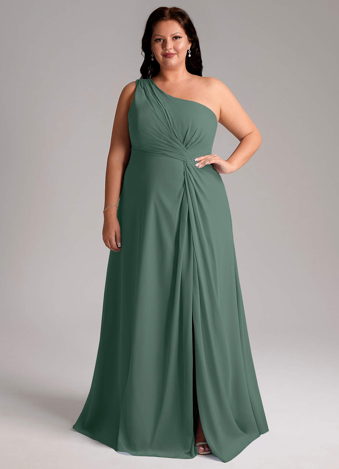 Azazie Brooke Bridesmaid Dresses Sea Moss A-Line One Shoulder Chiffon Dress image1