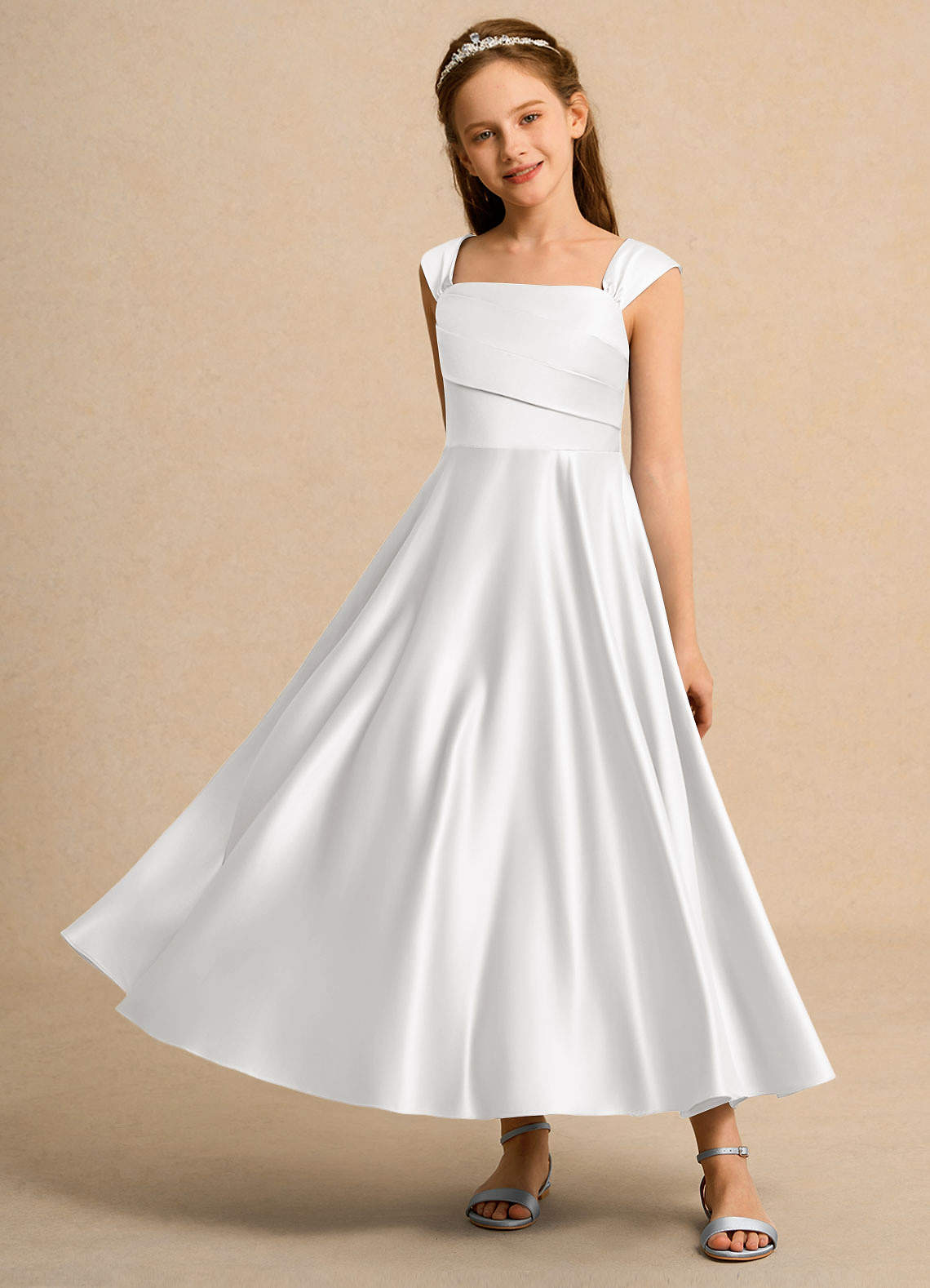 Azazie Bundle Girls Formal Kukkatyttöjen mekot A-linja Pliseerattu Matta satiini Nilkan pituus Pukeutua image5