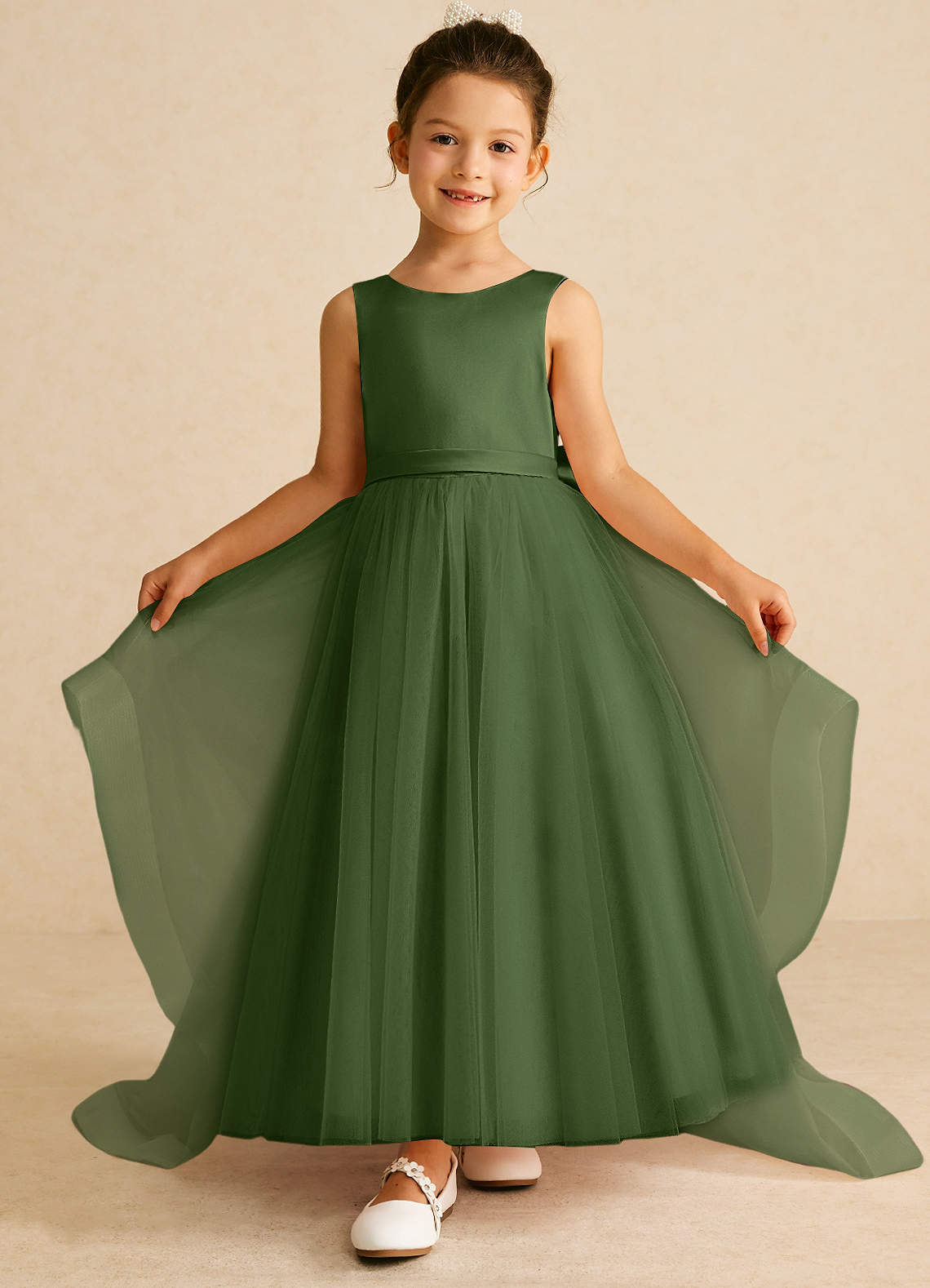 Azazie Pumpkin Flower Girl Dresses Olive A-Line Convertible Tulle Dress image1